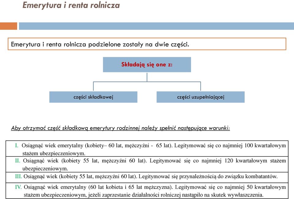 Osiągnąć wiek emerytalny (kobiety 60 lat, mężczyźni - 65 lat). Legitymować się co najmniej 100 kwartałowym stażem ubezpieczeniowym. II. Osiągnąć wiek (kobiety 55 lat, mężczyźni 60 lat).