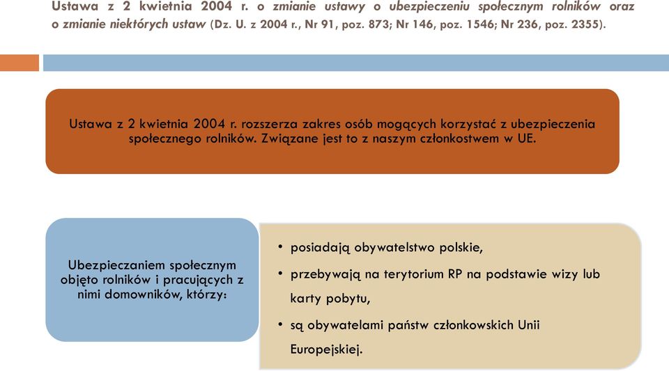 rozszerza zakres osób mogących korzystać z ubezpieczenia społecznego rolników. Związane jest to z naszym członkostwem w UE.