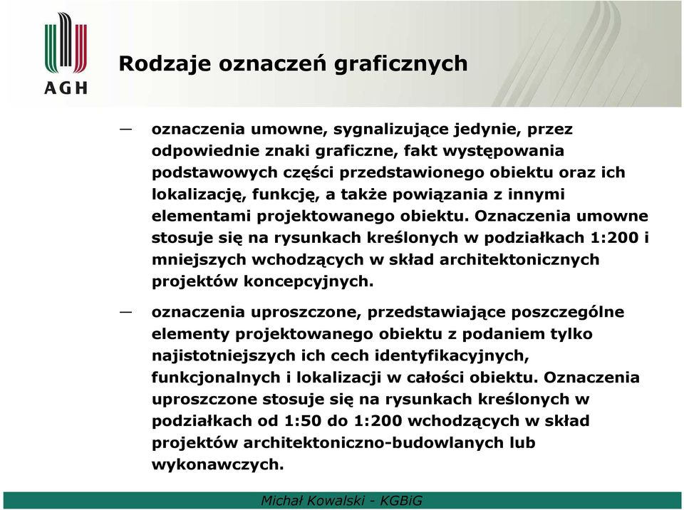 Oznaczenia umowne stosuje się na rysunkach kreślonych w podziałkach 1:200 i mniejszych wchodzących w skład architektonicznych projektów koncepcyjnych.