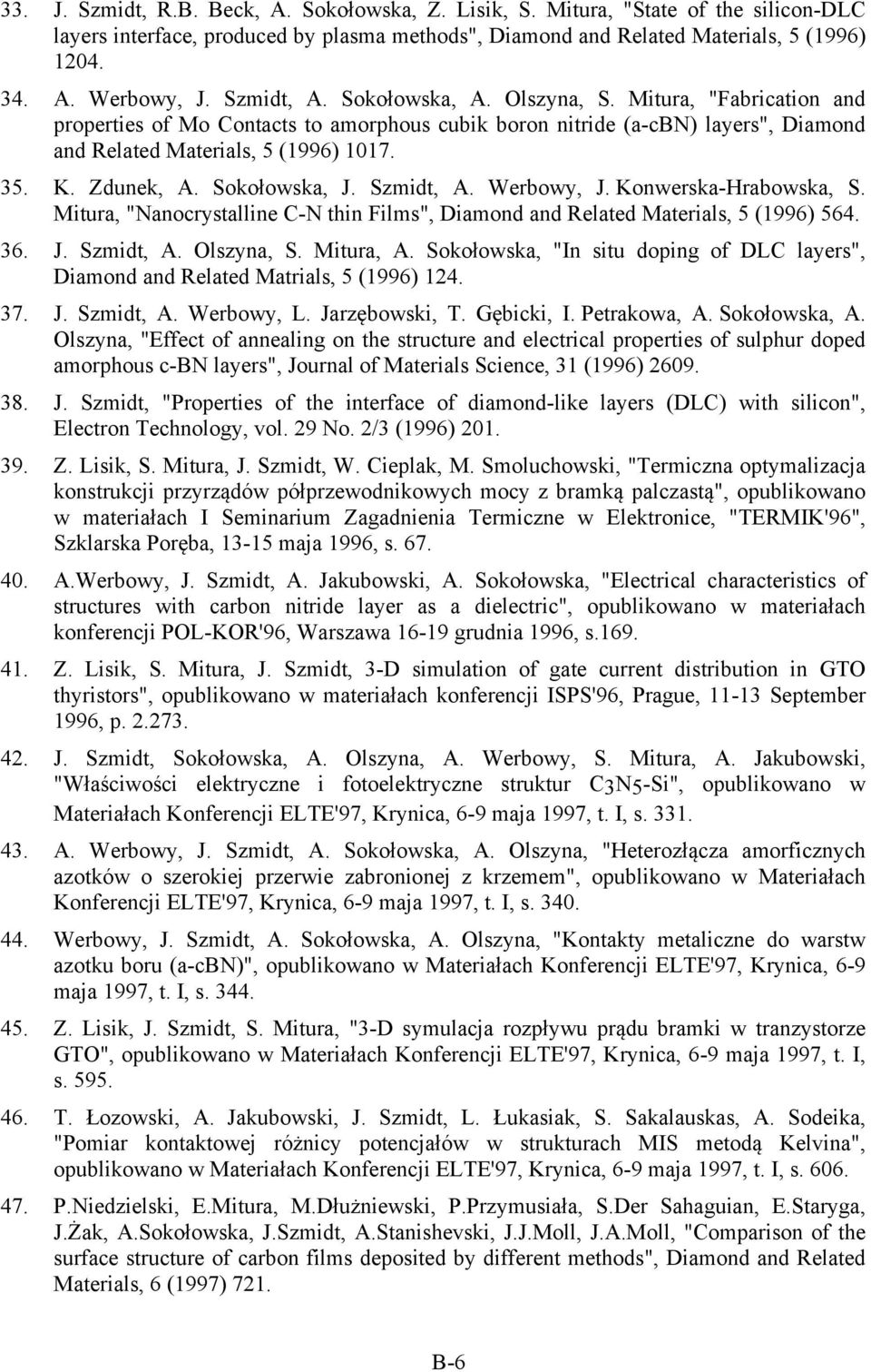 Zdunek, A. Sokołowska, J. Szmidt, A. Werbowy, J. Konwerska-Hrabowska, S. Mitura, "Nanocrystalline C-N thin Films", Diamond and Related Materials, 5 (1996) 564. 36. J. Szmidt, A. Olszyna, S. Mitura, A.