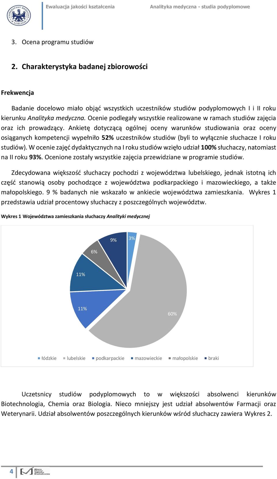 Ankietę dotyczącą ogólnej oceny warunków studiowania oraz oceny osiąganych kompetencji wypełniło 52% uczestników studiów (byli to wyłącznie słuchacze I roku studiów).