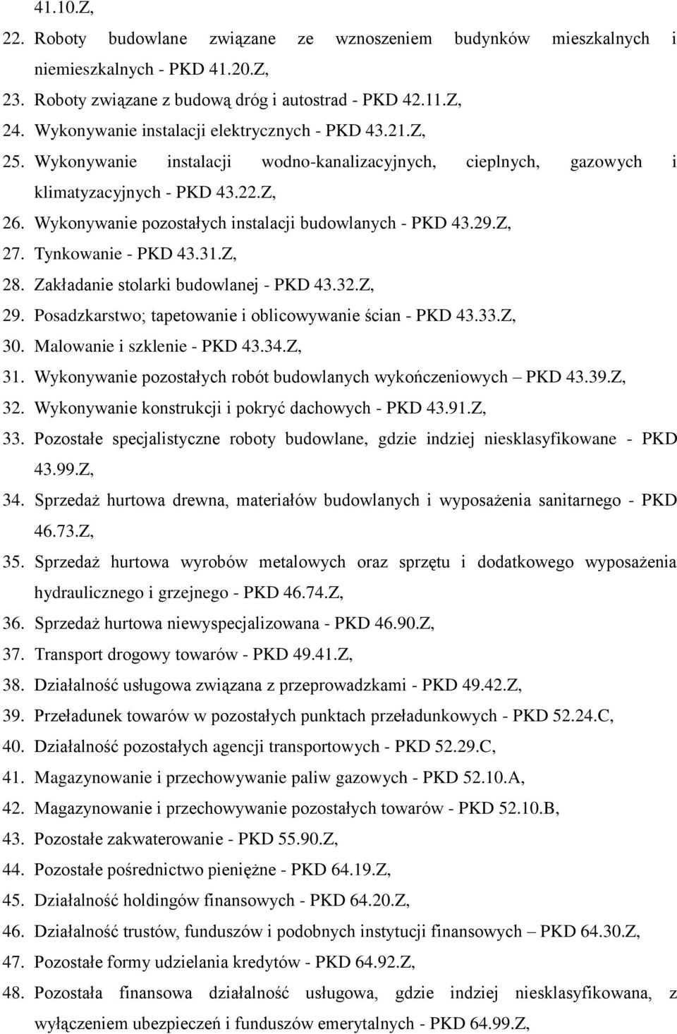 Wykonywanie pozostałych instalacji budowlanych - PKD 43.29.Z, 27. Tynkowanie - PKD 43.31.Z, 28. Zakładanie stolarki budowlanej - PKD 43.32.Z, 29.