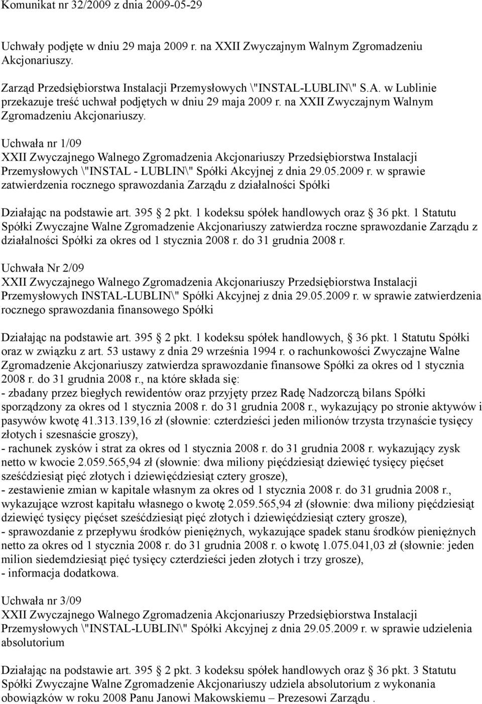 Uchwała nr 1/09 Przemysłowych \"INSTAL - LUBLIN\" Spółki Akcyjnej z dnia 29.05.2009 r. w sprawie zatwierdzenia rocznego sprawozdania Zarządu z działalności Spółki Działając na podstawie art.