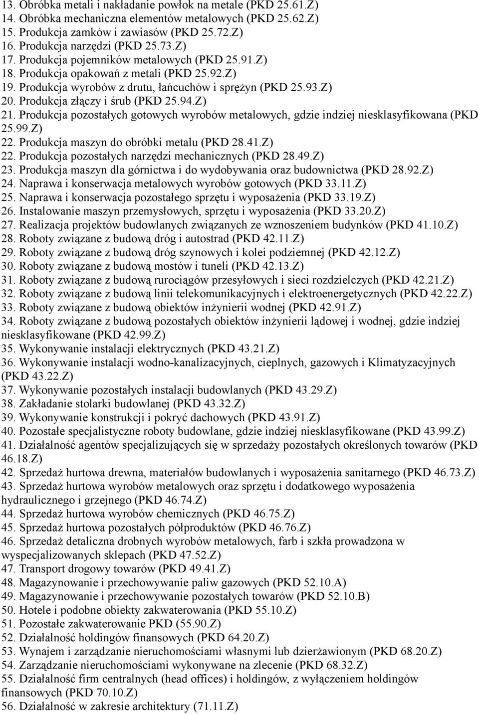 Produkcja złączy i śrub (PKD 25.94.Z) 21. Produkcja pozostałych gotowych wyrobów metalowych, gdzie indziej niesklasyfikowana (PKD 25.99.Z) 22. Produkcja maszyn do obróbki metalu (PKD 28.41.Z) 22. Produkcja pozostałych narzędzi mechanicznych (PKD 28.