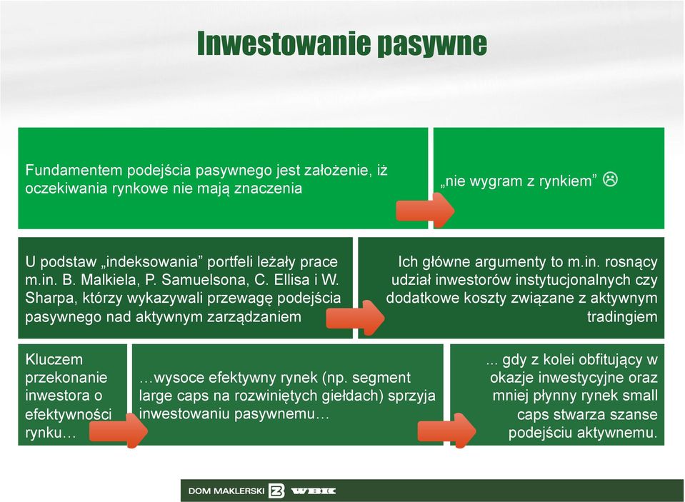 inwestorów instytucjonalnych czy dodatkowe koszty związane z aktywnym tradingiem Kluczem przekonanie inwestora o efektywności rynku wysoce efektywny rynek (np.