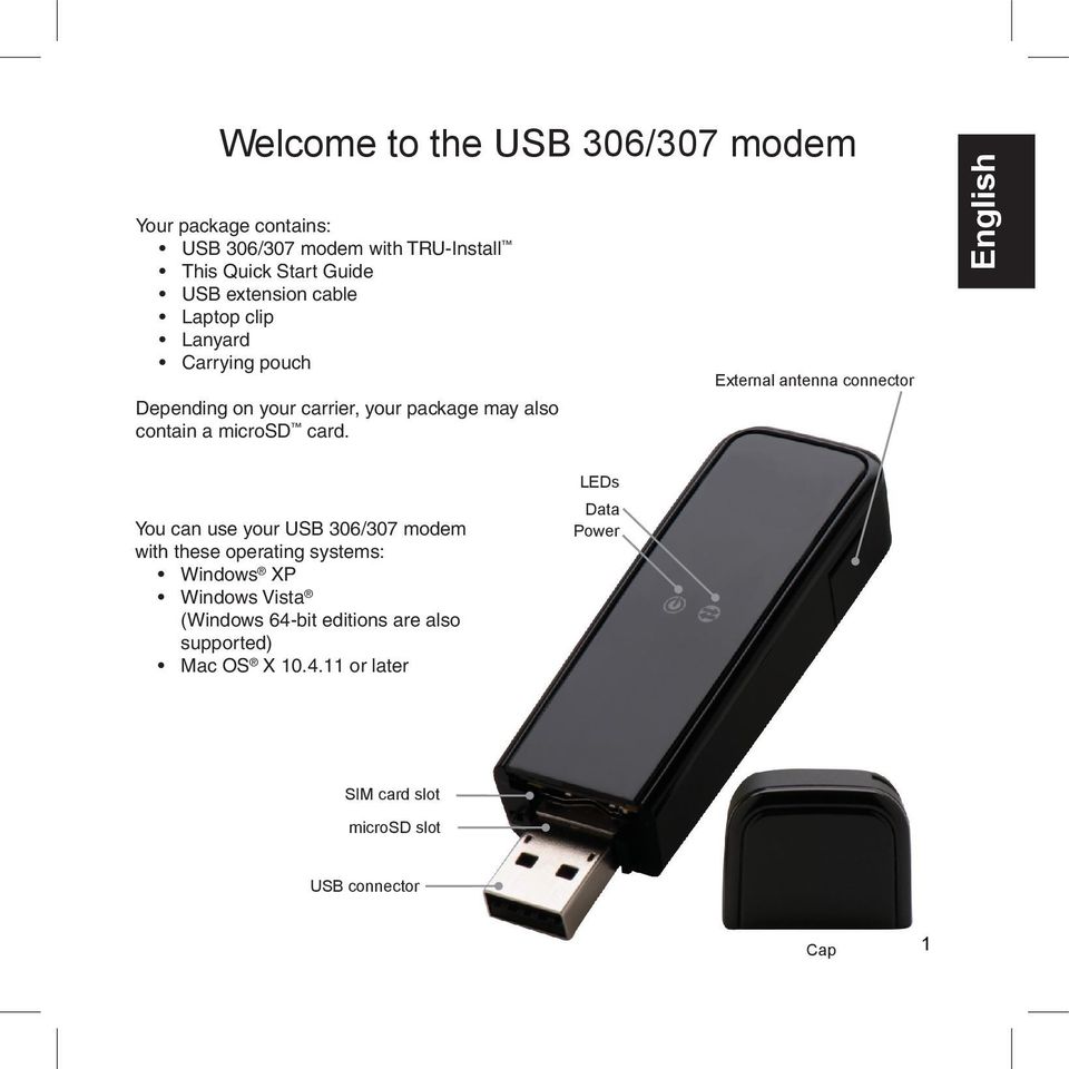 External antenna connector English You can use your USB 306/307 modem with these operating systems: Windows XP Windows Vista