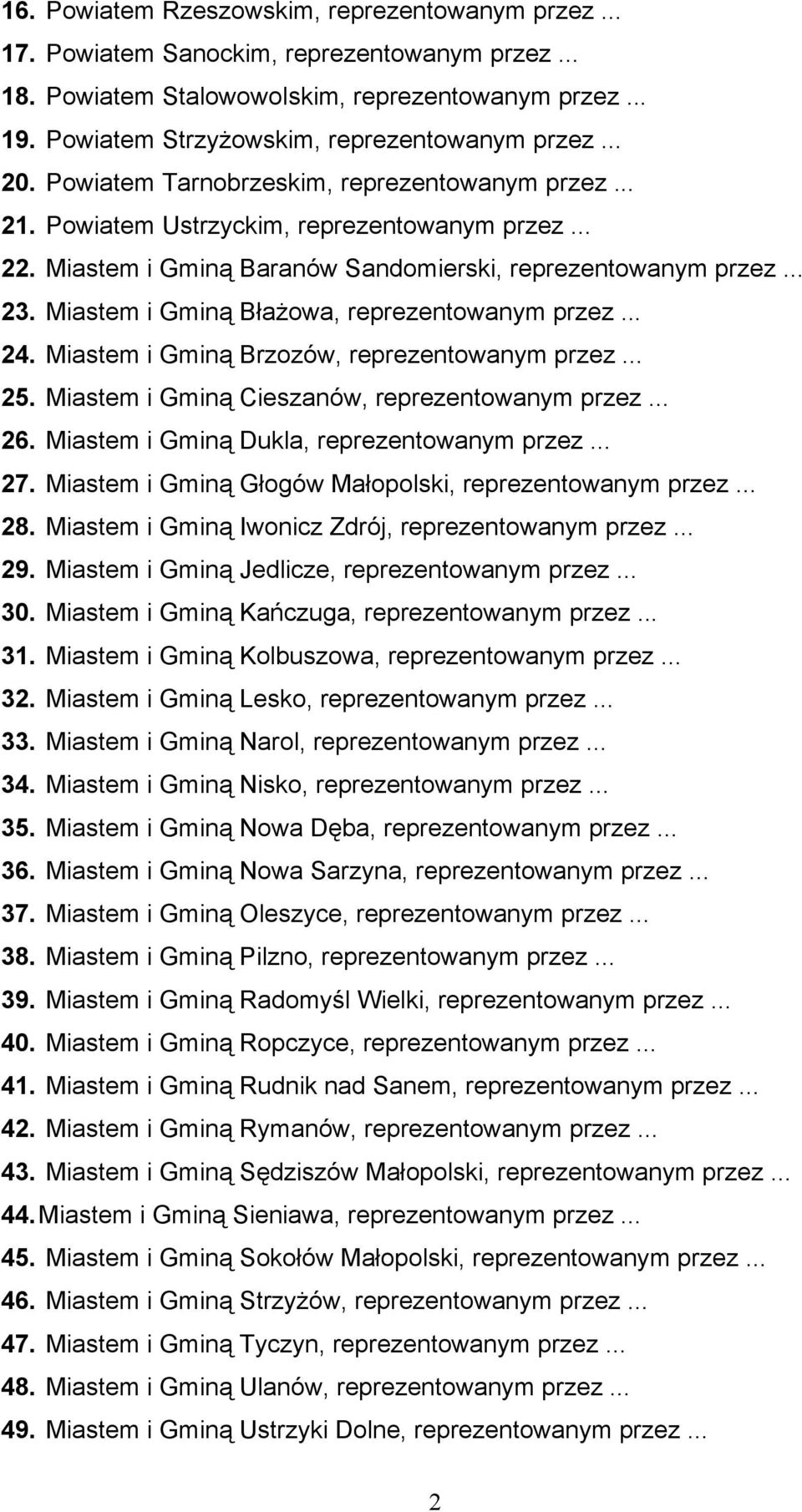 Miastem i Gminą Baranów Sandomierski, reprezentowanym przez... 23. Miastem i Gminą Błażowa, reprezentowanym przez... 24. Miastem i Gminą Brzozów, reprezentowanym przez... 25.