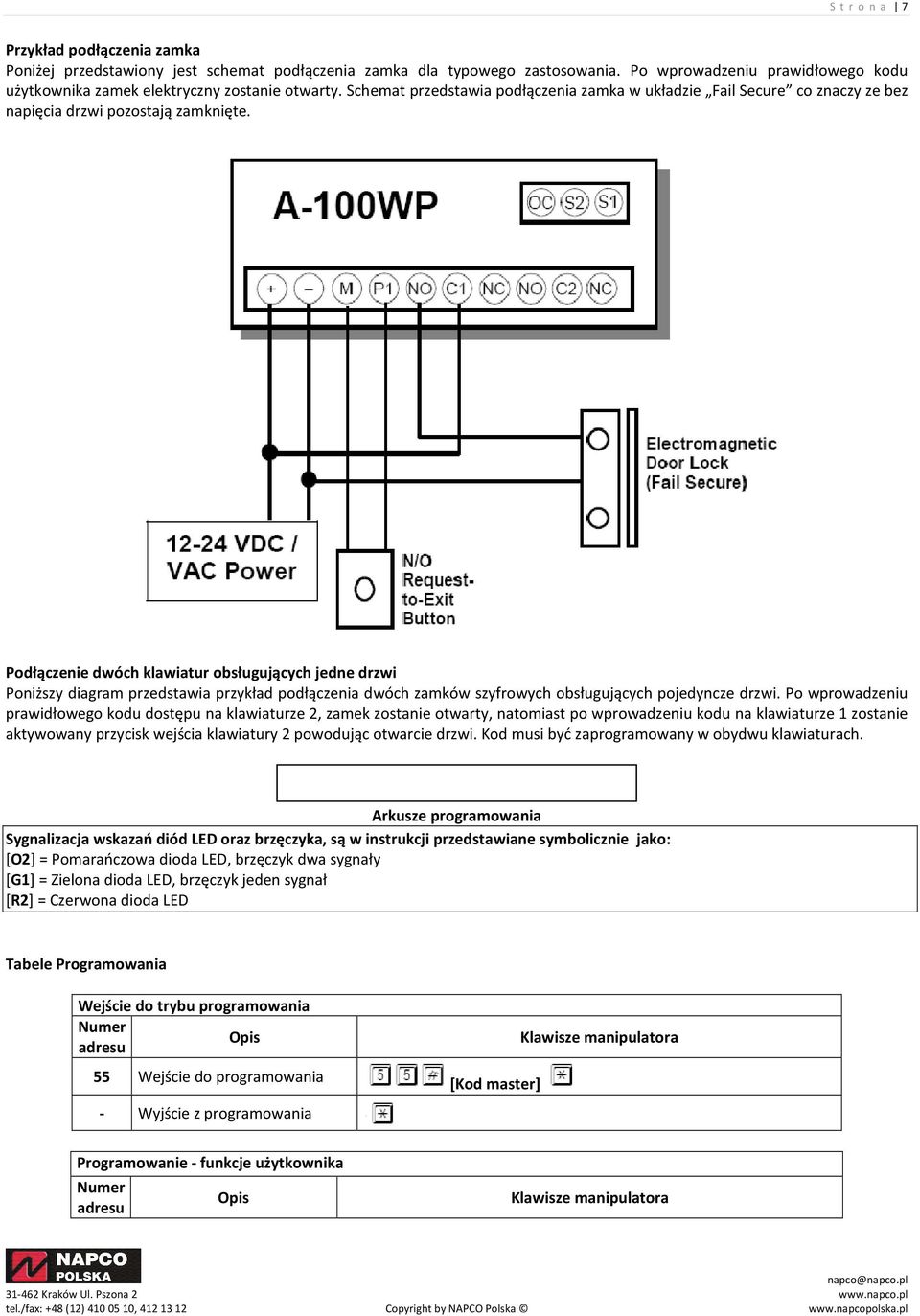 Podłączenie dwóch klawiatur obsługujących jedne drzwi Poniższy diagram przedstawia przykład podłączenia dwóch zamków szyfrowych obsługujących pojedyncze drzwi.