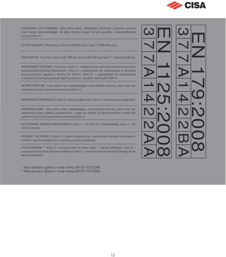 Trzy klasy: klasa 0 = niedopuszczone do zastosowania w drzwiach przeciwpożarowych/dymoszczelnych; klasa A = odpowiednie do zastosowania w drzwiach dymoszczelnych, zgodnie z Normą EN 1643-3; klasa B*