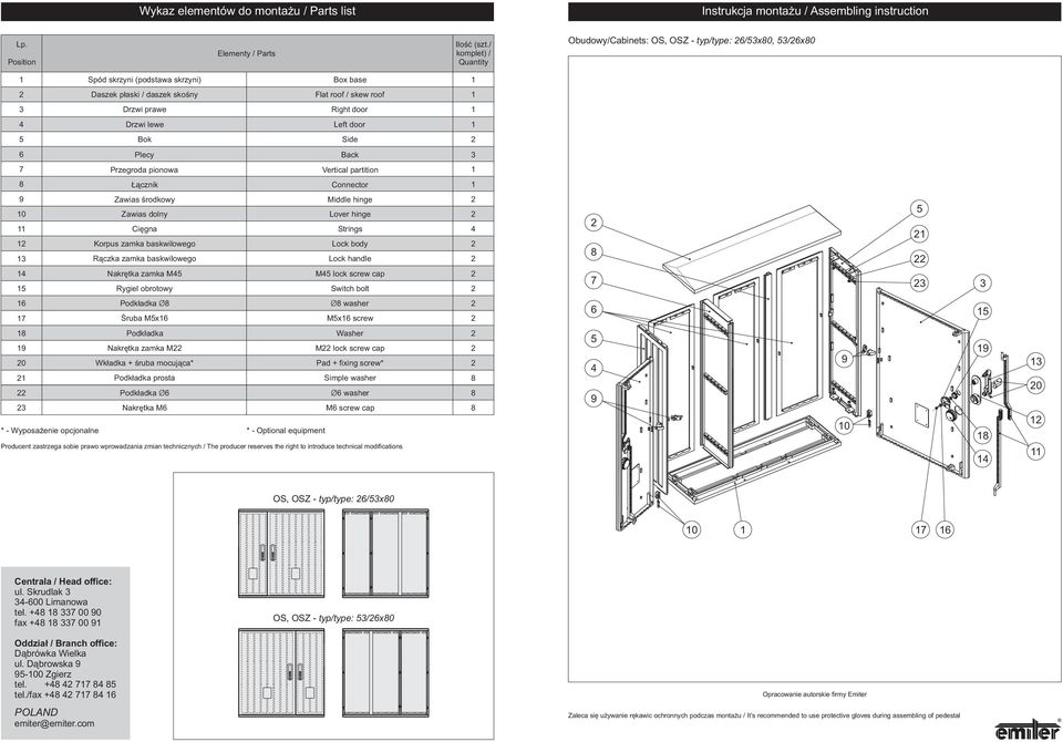 Left door Bok Side Plecy Back Przegroda pionowa Vertical partition Łącznik Connector 0 Zawias środkowy Middle hinge Zawias dolny Cięgna Korpus zamka baskwilowego Rączka zamka baskwilowego Nakrętka