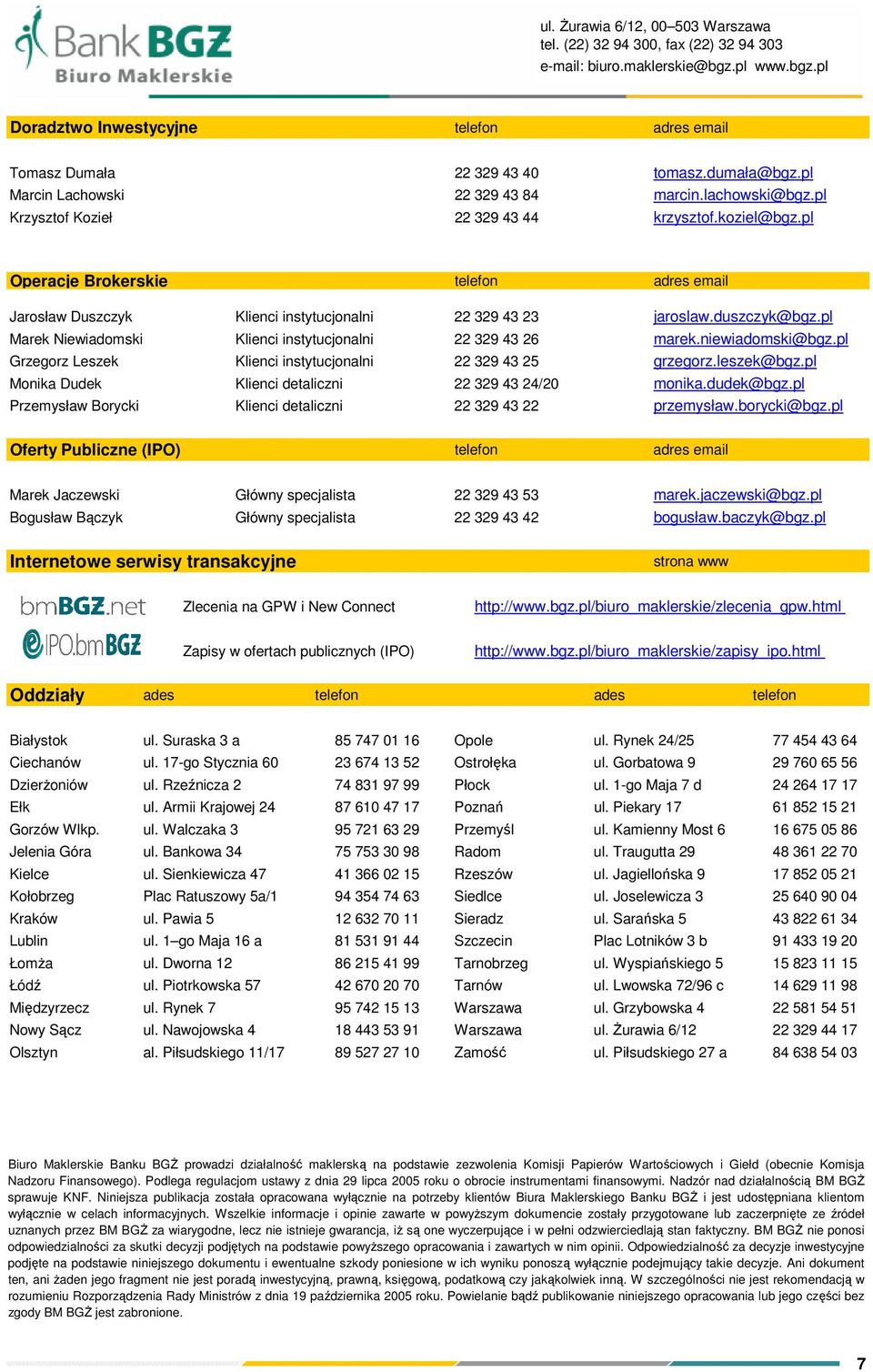 pl Operacje Brokerskie telefon adres email Jarosław Duszczyk Klienci instytucjonalni 22 329 43 23 jaroslaw.duszczyk@bgz.pl Marek Niewiadomski Klienci instytucjonalni 22 329 43 26 marek.