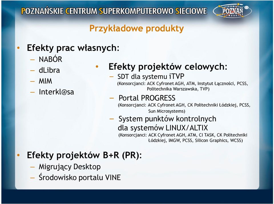 Warszawska, TVP) Portal PROGRESS (Konsorcjanci: ACK Cyfronet AGH, CK Politechniki Łódzkiej, PCSS, Sun Microsystems) System punktów