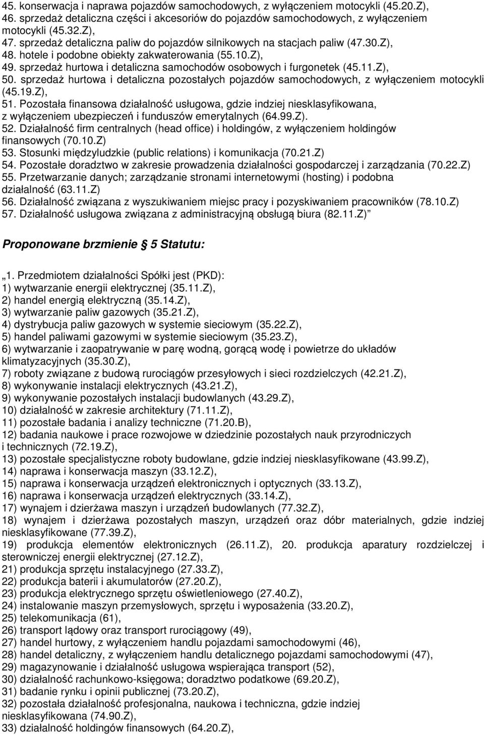 sprzedaż hurtowa i detaliczna samochodów osobowych i furgonetek (45.11.Z), 50. sprzedaż hurtowa i detaliczna pozostałych pojazdów samochodowych, z wyłączeniem motocykli (45.19.Z), 51.