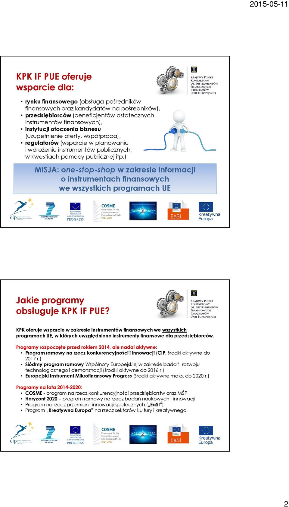) MISJA: one-stop-shop w zakresie informacji o instrumentach finansowych we wszystkich programach UE Jakie programy obsługuje KPK IF PUE?