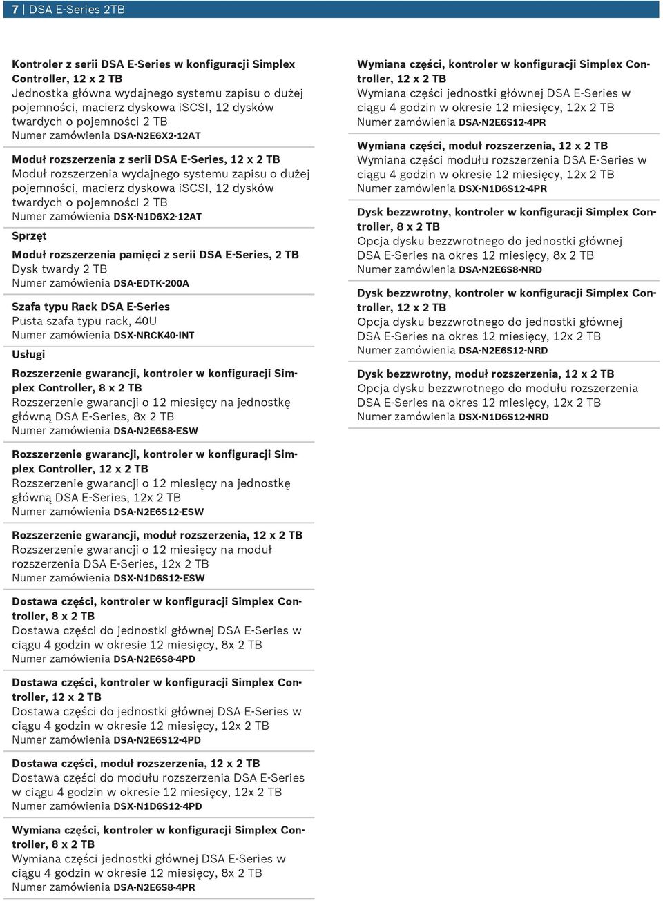twardych o pojemności 2 TB Numer zamówienia DSX-N1D6X2-12AT Sprzęt Moduł rozszerzenia pamięci z serii DSA E-Series, 2 TB Dysk twardy 2 TB Numer zamówienia DSA-EDTK-200A Szafa typu Rack DSA E-Series