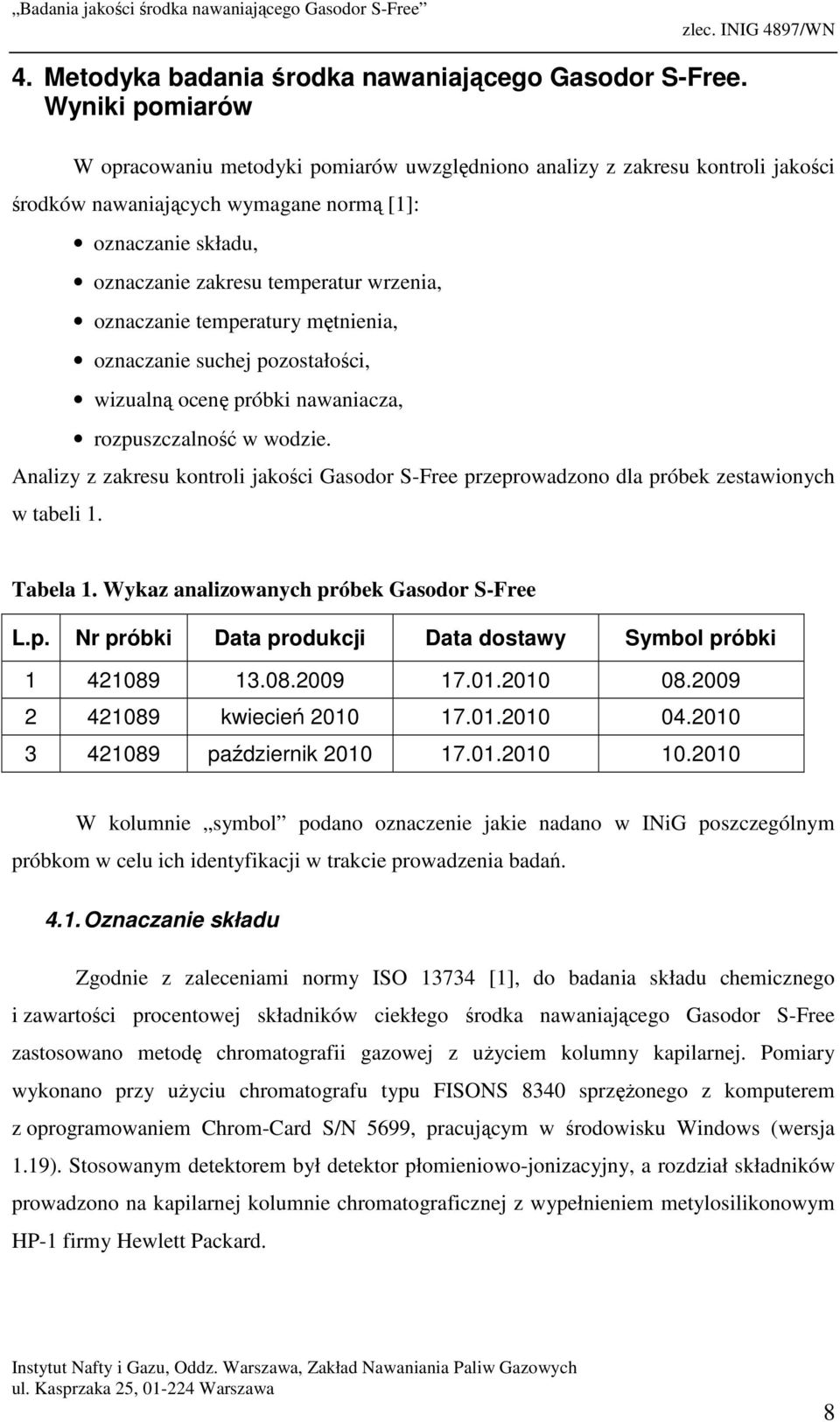 oznaczanie temperatury mętnienia, oznaczanie suchej pozostałości, wizualną ocenę próbki nawaniacza, rozpuszczalność w wodzie.