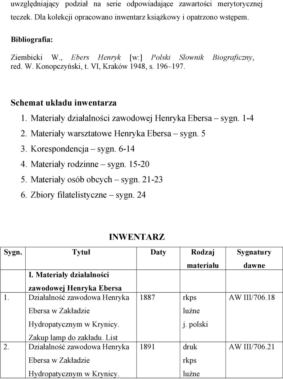 Materiały warsztatowe Henryka Ebersa sygn. 5 3. Korespondencja sygn. 6-14 4. Materiały rodzinne sygn. 15-20 5. Materiały osób obcych sygn. 21-23 6. Zbiory filatelistyczne sygn. 24 INWENTARZ Sygn.