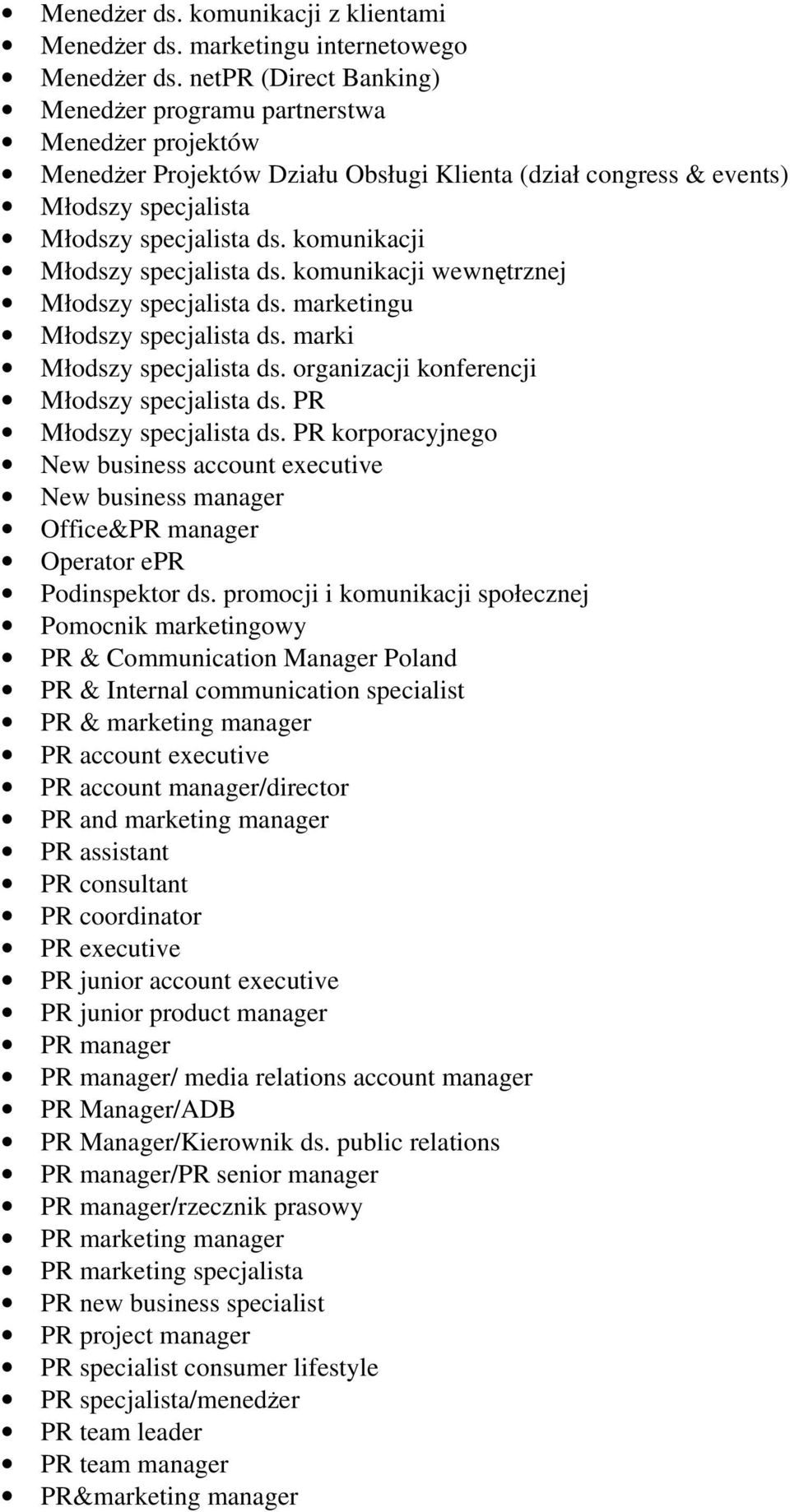 komunikacji Młodszy specjalista ds. komunikacji wewnętrznej Młodszy specjalista ds. marketingu Młodszy specjalista ds. marki Młodszy specjalista ds. organizacji konferencji Młodszy specjalista ds.