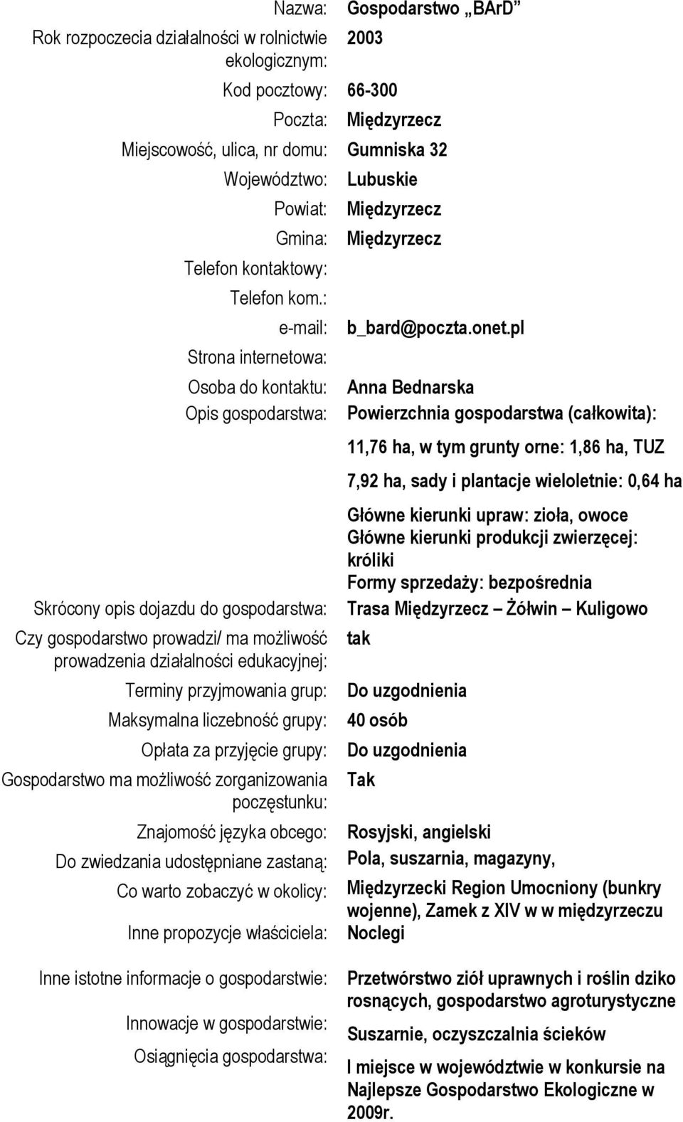 pl Anna Bednarska Powierzchnia gospodarstwa (całkowita): 11,76 ha, w tym grunty orne: 1,86 ha, TUZ 7,92 ha, sady i plantacje wieloletnie: 0,64 ha Główne kierunki upraw: zioła, owoce Główne kierunki