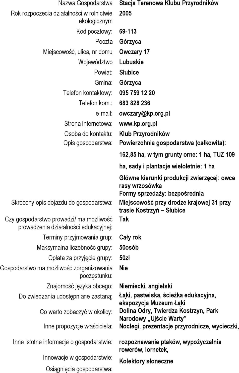 org.pl www.kp.org.pl Klub Przyrodników Powierzchnia gospodarstwa (całkowita): 162,85 ha, w tym grunty orne: 1 ha, TUZ 109 ha, sady i plantacje wieloletnie: 1 ha Główne kierunki produkcji zwierzęcej: