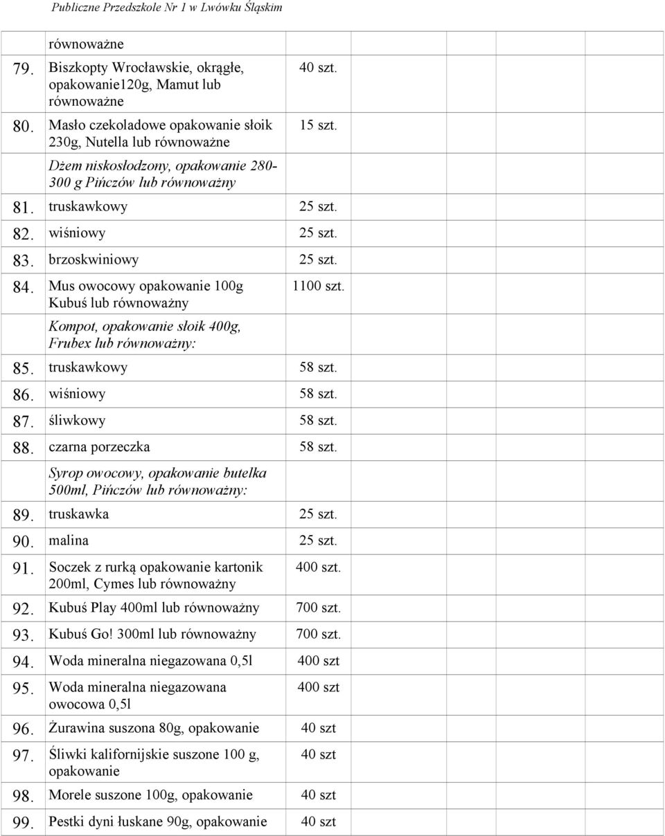 Mus owocowy opakowanie 100g Kubuś lub Kompot, opakowanie słoik 400g, Frubex lub : 1100 szt. 85. truskawkowy 58 szt. 86. wiśniowy 58 szt. 87. śliwkowy 58 szt. 88. czarna porzeczka 58 szt.