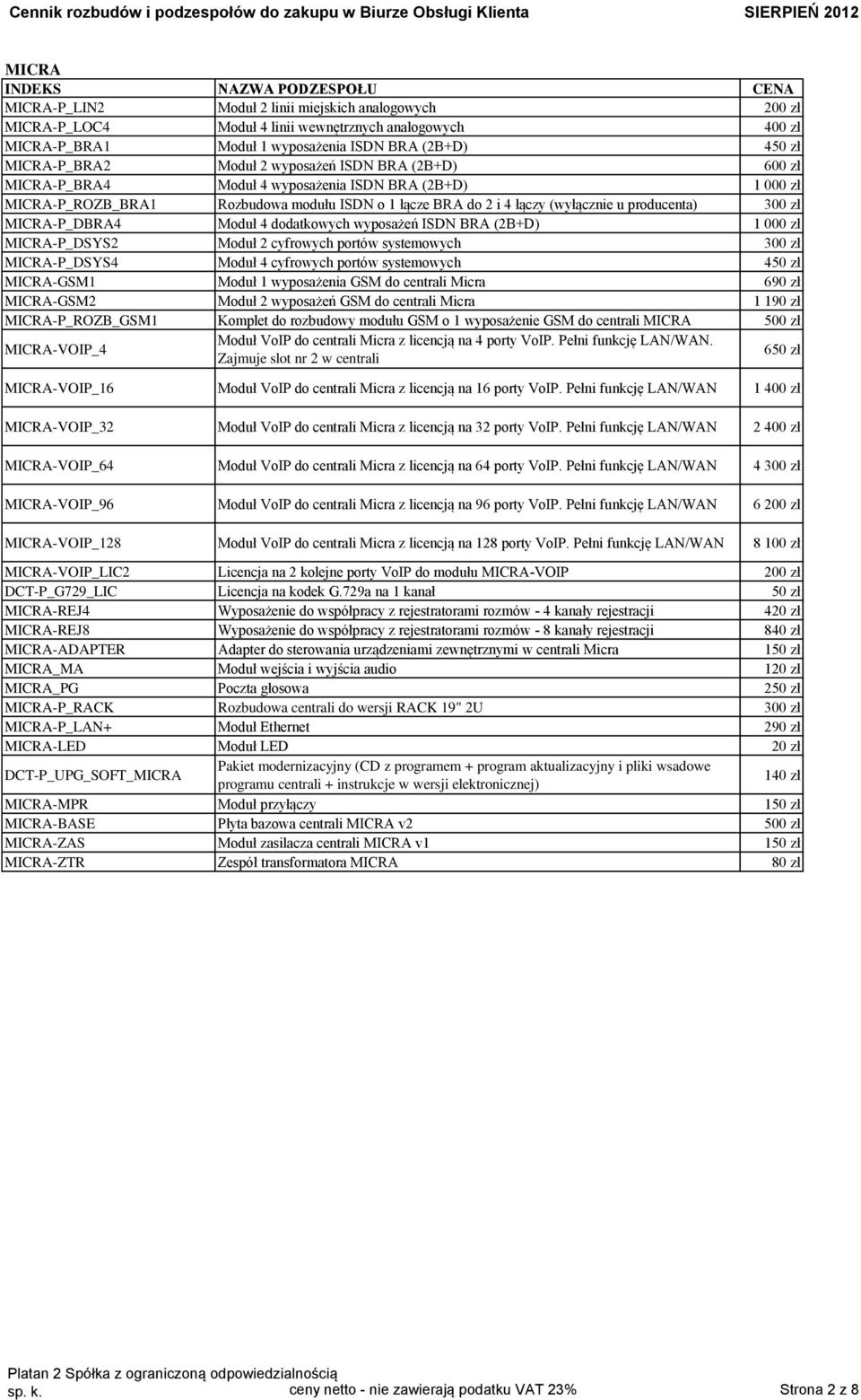 MICRA-P_DBRA4 Moduł 4 dodatkowych wyposażeń ISDN BRA (2B+D) 1 000 zł MICRA-P_DSYS2 Moduł 2 cyfrowych portów systemowych 300 zł MICRA-P_DSYS4 Moduł 4 cyfrowych portów systemowych 450 zł MICRA-GSM1
