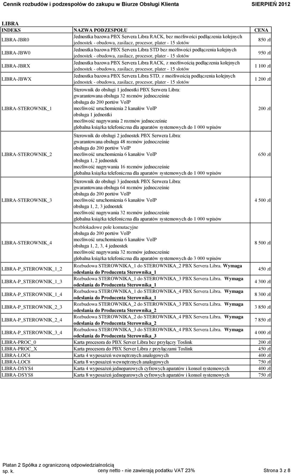 kolejnych jednostek - obudowa, zasilacz, procesor, plater - 15 slotów 1 100 zł LIBRA-JBWX Jednostka bazowa PBX Servera Libra STD, z możłiwością podłączenia kolejnych jednostek - obudowa, zasilacz,