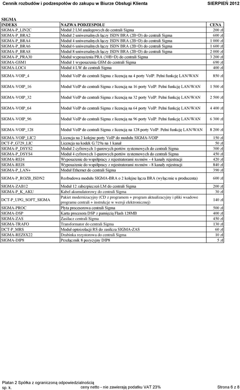 zł SIGMA-P_PRA30 Moduł wyposażenia PRA (30B+D) do centrali Sigma 3 200 zł SIGMA-GSM1 Moduł 1 wyposażenia GSM do centrali Sigma 690 zł SIGMA-LOC4 Moduł 4 LW do centrali Sigma 400 zł SIGMA-VOIP_4 Moduł