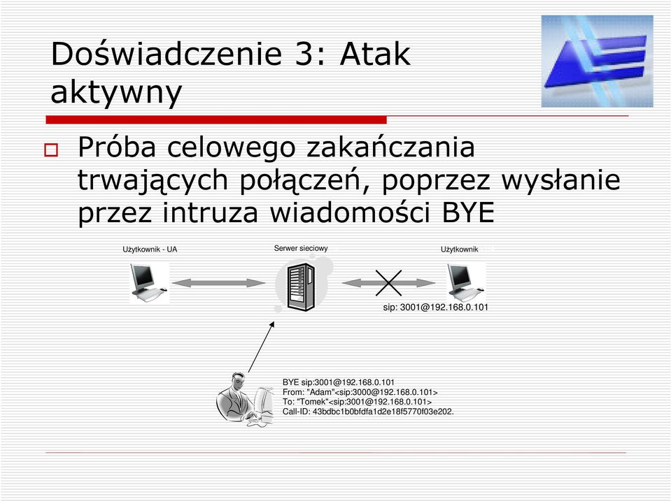 - UA sip: 3001@192.168.0.101 BYE sip:3001@192.168.0.101 From: "Adam"<sip:3000@192.168.0.101> To: "Tomek"<sip:3001@192.