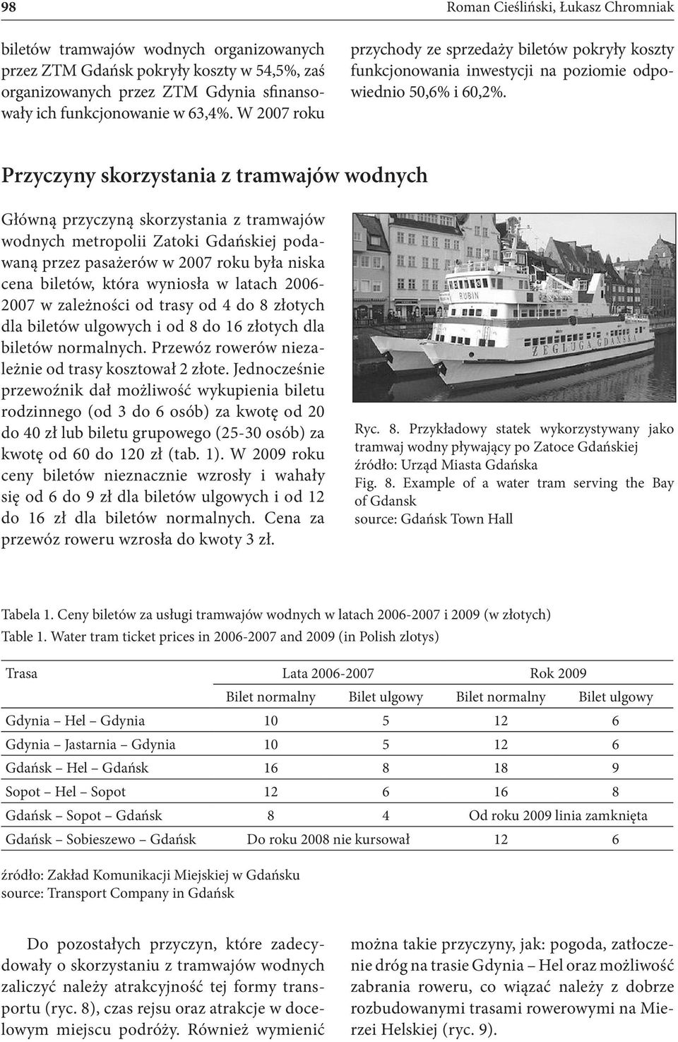 Przyczyny skorzystania z tramwajów wodnych Główną przyczyną skorzystania z tramwajów wodnych metropolii Zatoki Gdańskiej podawaną przez pasażerów w 2007 roku była niska cena biletów, która wyniosła w