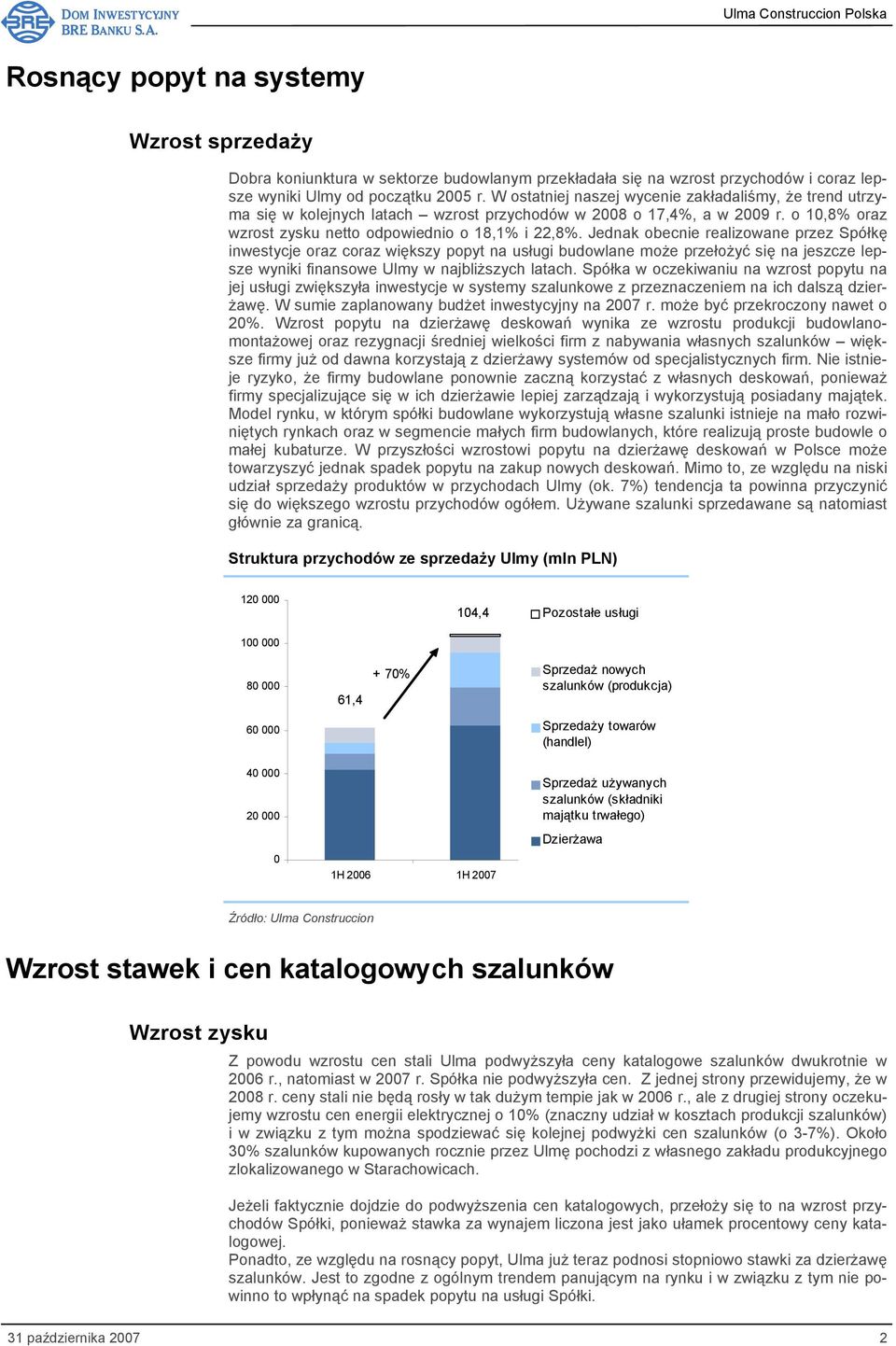 Jednak obecnie realizowane przez Spółkę inwestycje oraz coraz większy popyt na usługi budowlane może przełożyć się na jeszcze lepsze wyniki finansowe Ulmy w najbliższych latach.