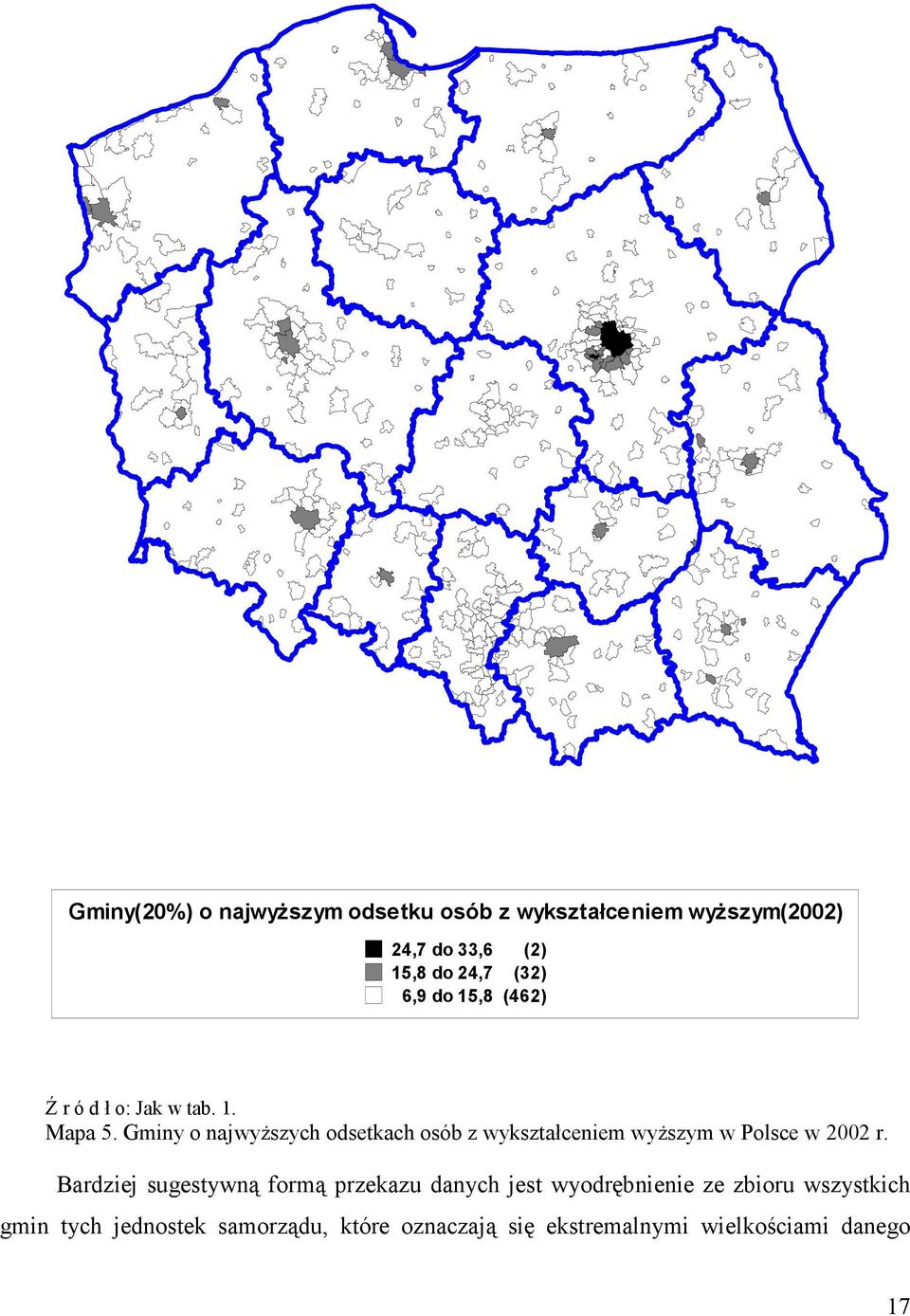 Gminy o najwyższych odsetkach osób z wykształceniem wyższym w Polsce w 2002 r.