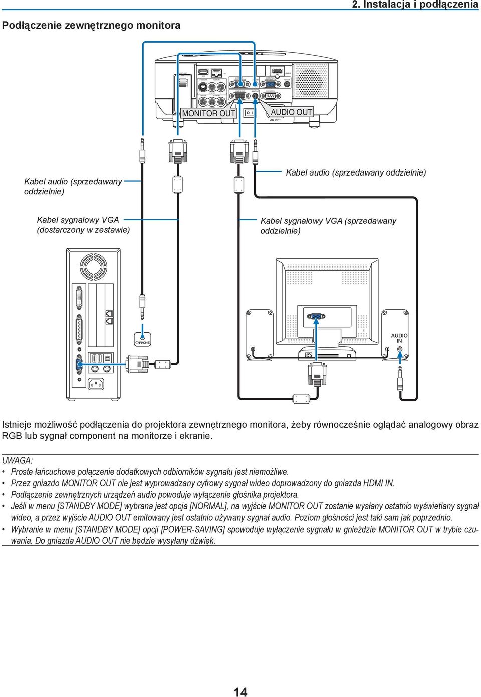 sygnałowy VGA (dostarczony w zestawie) Kabel sygnałowy VGA (sprzedawany oddzielnie) PHONE AUDIO IN Istnieje możliwość podłączenia do projektora zewnętrznego monitora, żeby równocześnie oglądać