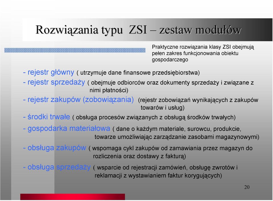 obsługa procesów związanych z obsługą środków trwałych) - gospodarka materiałowa ( dane o każdym materiale, surowcu, produkcie, towarze umożliwiając zarządzanie zasobami magazynowymi) - obsługa