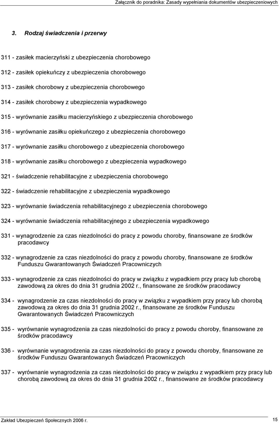 zasiłku chorobowego z ubezpieczenia chorobowego 318 - wyrównanie zasiłku chorobowego z ubezpieczenia wypadkowego 321 - świadczenie rehabilitacyjne z ubezpieczenia chorobowego 322 - świadczenie