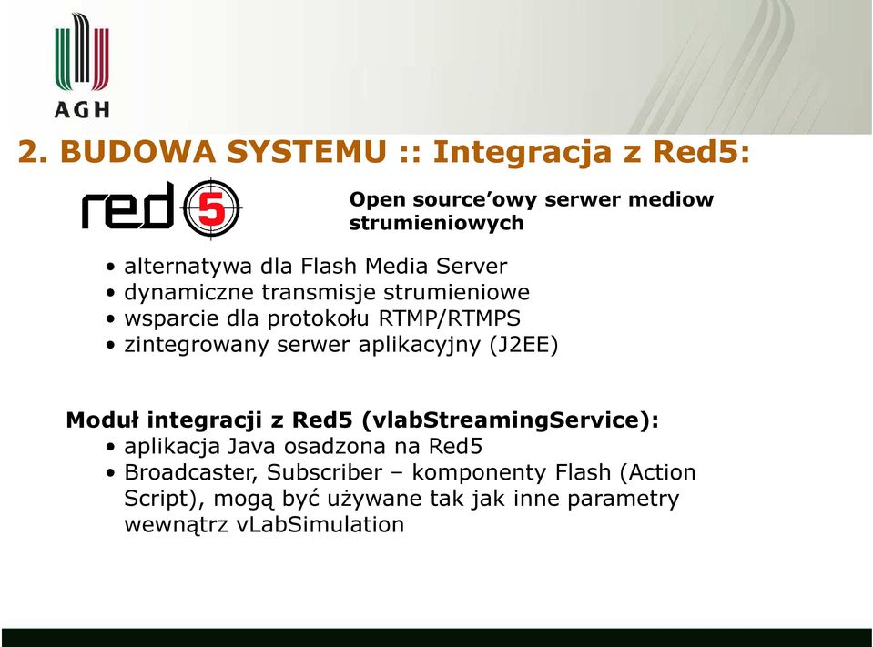 aplikacyjny (J2EE) Moduł integracji z Red5 (vlabstreamingservice): aplikacja Java osadzona na Red5