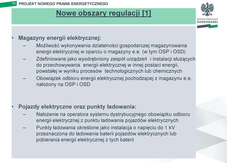 energii elektrycznej pochodzącej z magazynu e.e. nałożony na OSP i OSD Pojazdy elektryczne oraz punkty ładowania: Nałożenie na operatora systemu dystrybucyjnego obowiązku odbioru energii elektrycznej