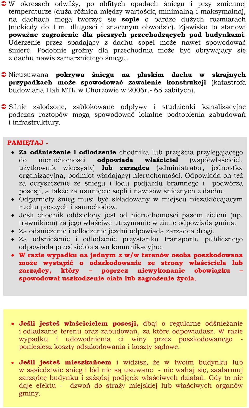 Podobnie groźny dla przechodnia może być obrywający się z dachu nawis zamarzniętego śniegu.