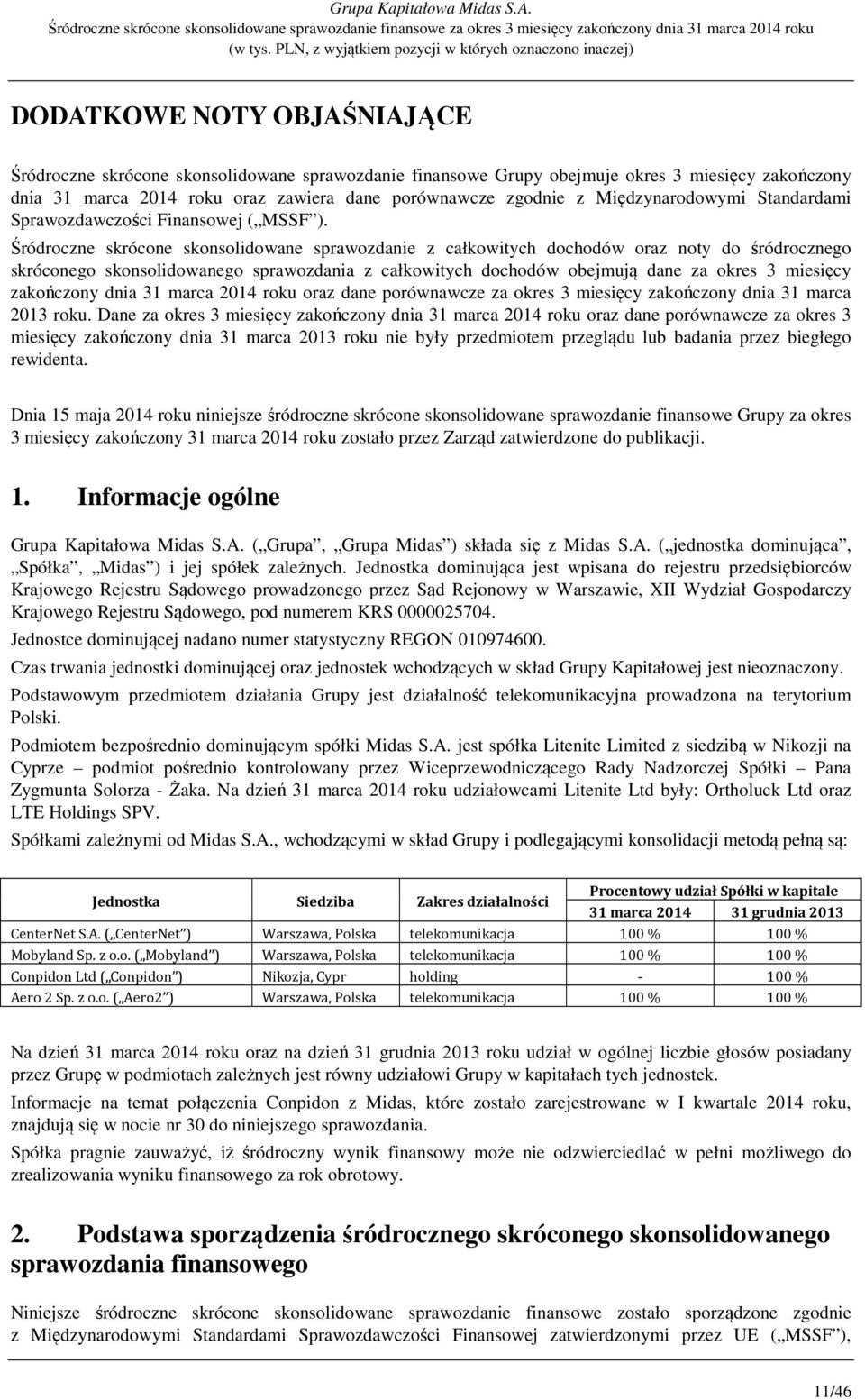 Śródroczne skrócone skonsolidowane sprawozdanie z całkowitych dochodów oraz noty do śródrocznego skróconego skonsolidowanego sprawozdania z całkowitych dochodów obejmują dane za okres 3 miesięcy dnia