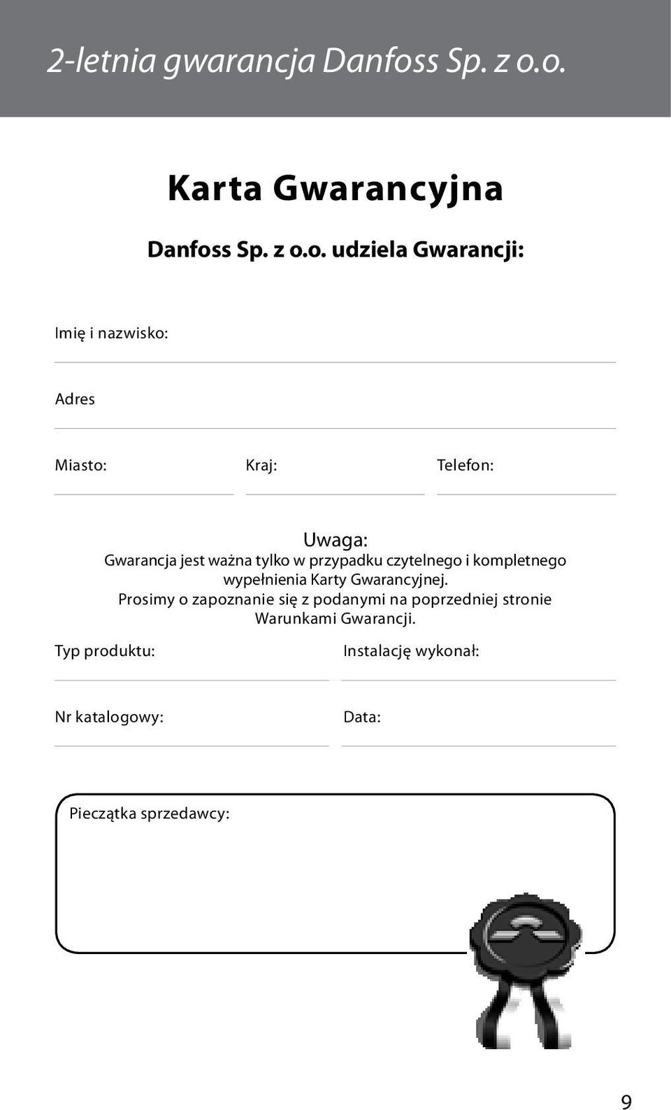 o. Karta Gwarancyjna Danfoso.