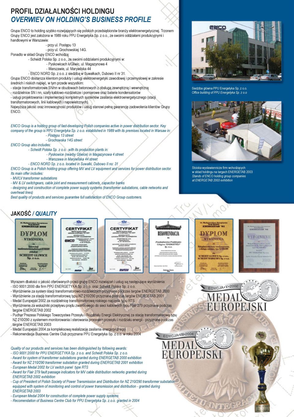 Ponadto w skład Grupy ENCO wchodzą: - Scheidt Polska Sp. z o.o., ze swoimi oddziałami produkcyjnymi w: - Pyskowicach k/gliwic, ul. Magazynowa 4 - Warszawie, ul. Marywilska 44 - ENCO NORD Sp. z o.o. z siedzibą w Suwałkach, Dubowo II nr 31.