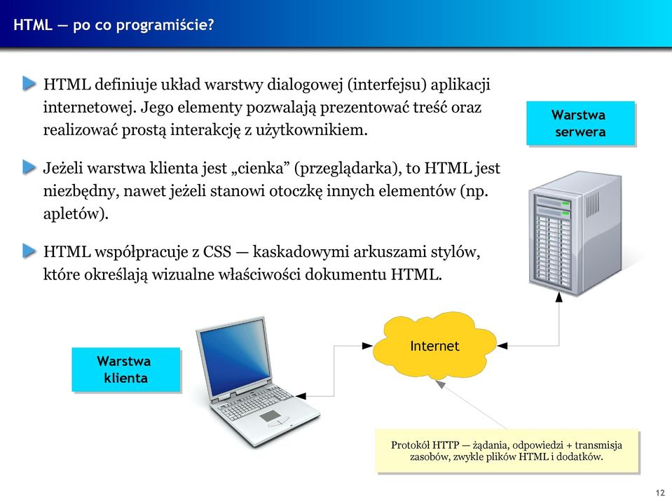 Warstwa Warstwa serwera serwera Jeżeli warstwa klienta jest cienka (przeglądarka), to HTML jest niezbędny, nawet jeżeli stanowi otoczkę innych elementów (np. apletów).