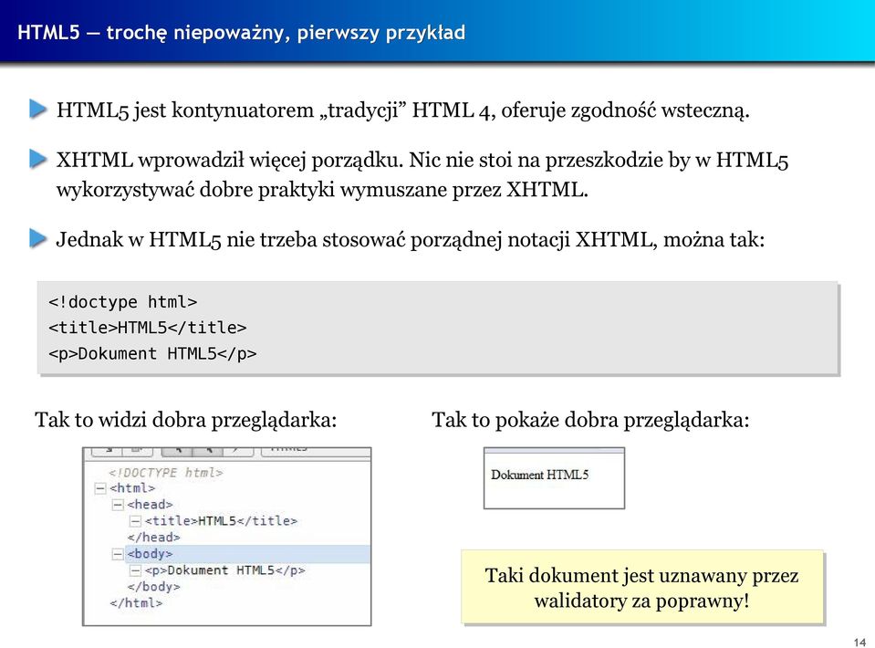 Jednak w HTML5 nie trzeba stosować porządnej notacji XHTML, można tak: <!doctype <!