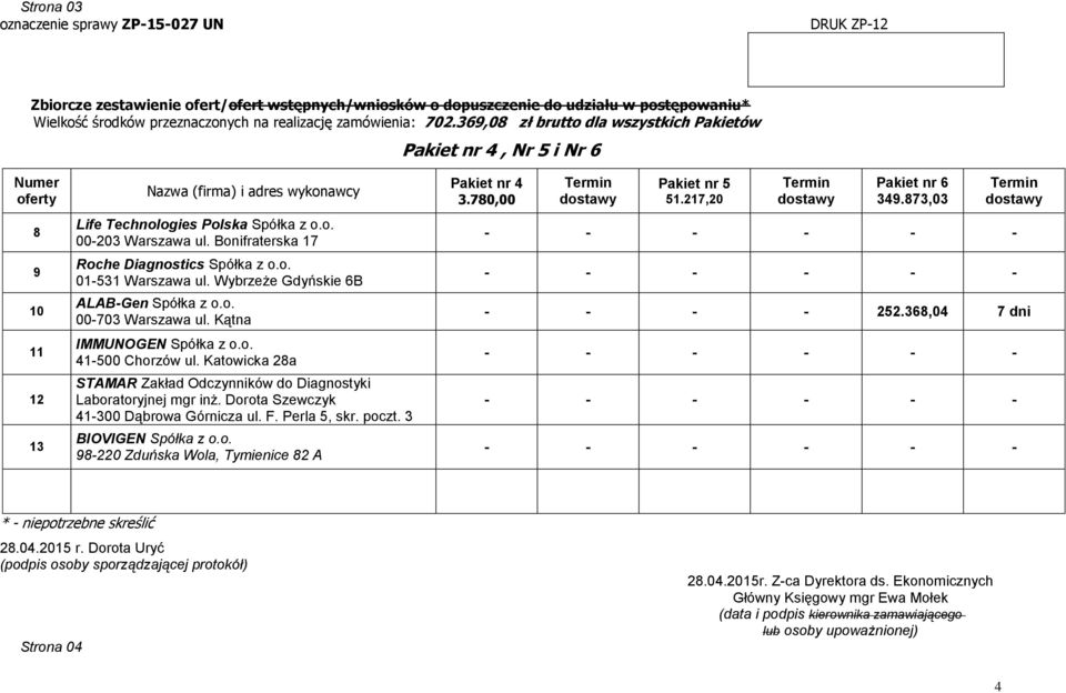 Kątna IMMUNOGEN Spółka z o.o. -00 Chorzów ul. Katowicka a STAMAR Zakład Odczynników do Diagnostyki Laboratoryjnej mgr inż.