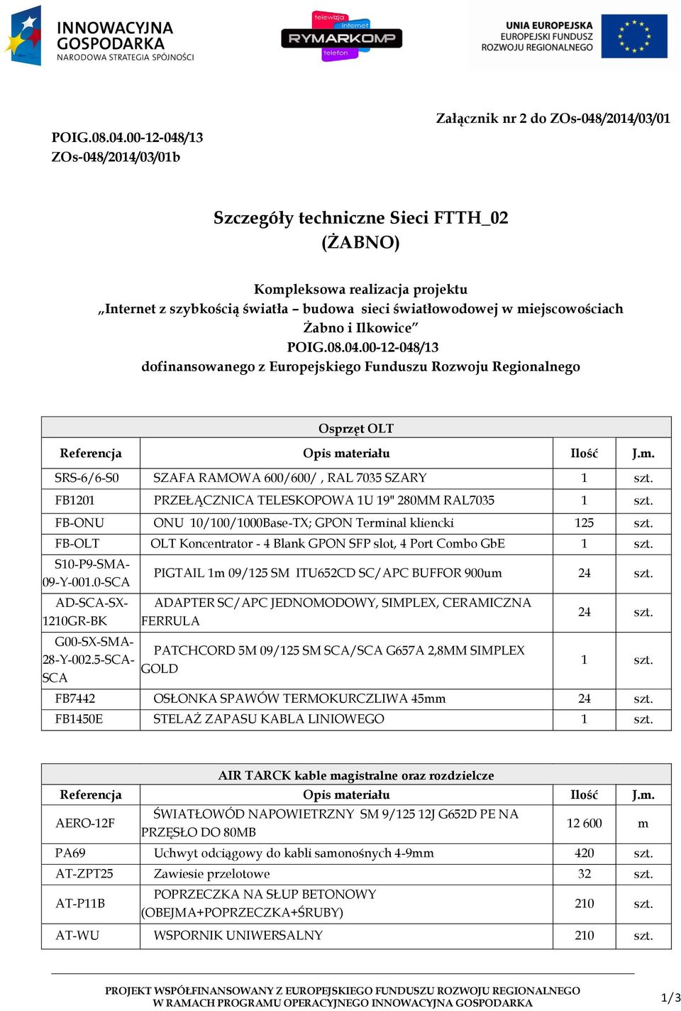 światłowodowej w miejscowościach Żabno i Ilkowice 00-12-048/13 dofinansowanego z Europejskiego Funduszu Rozwoju Regionalnego Osprzęt OLT SRS-6/6-S0 SZAFA RAMOWA 600/600/, RAL 7035 SZARY 1 FB1201