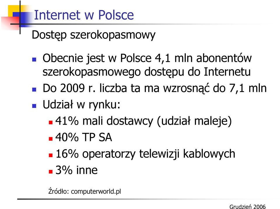 liczba ta ma wzrosnąć do 7,1 mln Udział w rynku: 41% mali dostawcy