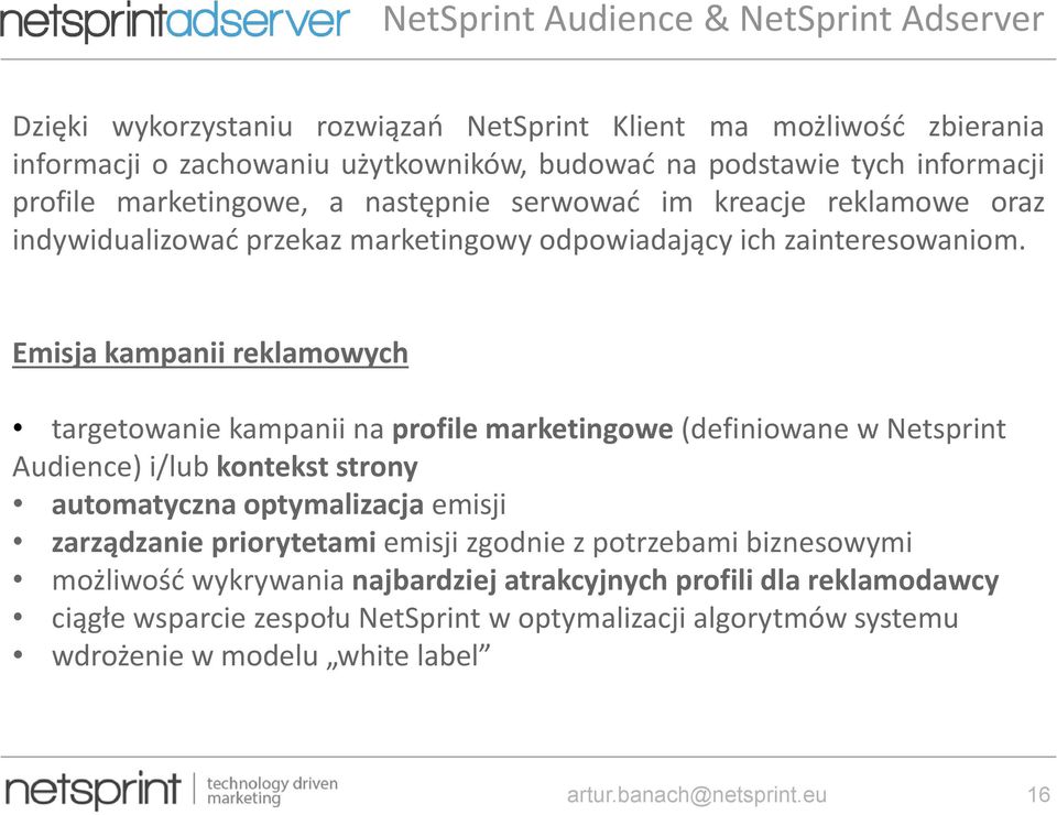 Emisja kampanii reklamowych targetowanie kampanii na profile marketingowe (definiowane w Netsprint Audience) i/lub kontekst strony automatyczna optymalizacja emisji zarządzanie priorytetami