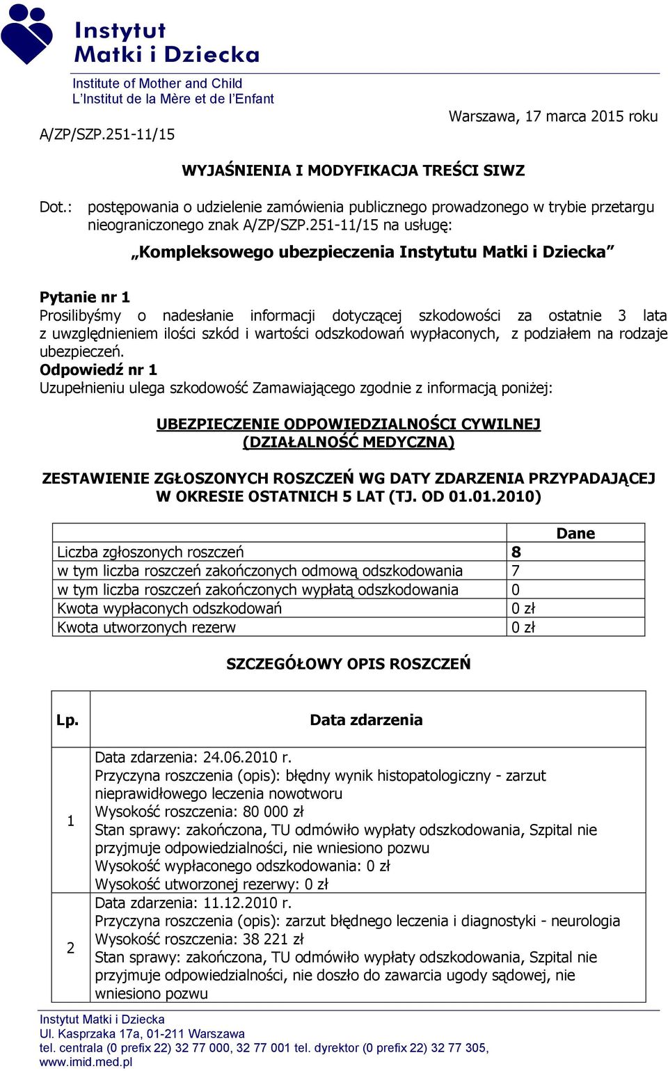 251-11/15 na usługę: Kompleksowego ubezpieczenia Instytutu Matki i Dziecka Pytanie nr 1 Prosilibyśmy o nadesłanie informacji dotyczącej szkodowości za ostatnie 3 lata z uwzględnieniem ilości szkód i