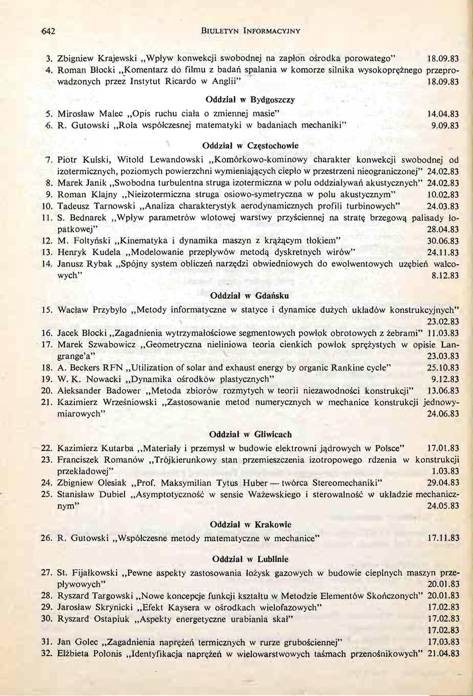 Mirosław Malec Opis ruchu ciała o zmiennej masie" 14.04.83 6. R. Gutowski Rola współczesnej matematyki w badaniach mechaniki" 9.09.83 Oddział w Czę stochowie 7.