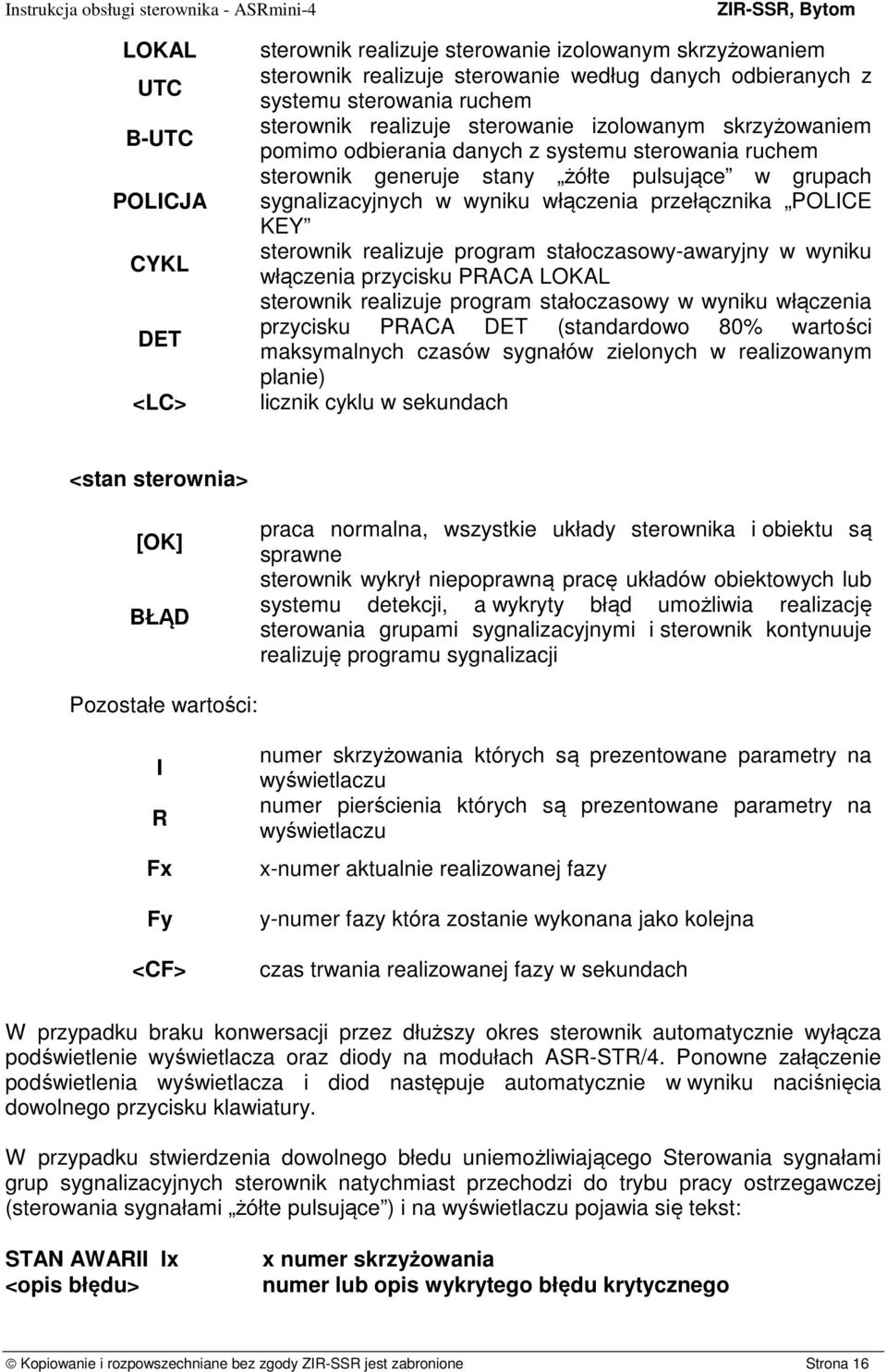sterownik realizuje program stałoczasowy-awaryjny w wyniku włączenia przycisku PRACA LOKAL sterownik realizuje program stałoczasowy w wyniku włączenia przycisku PRACA DET (standardowo 80% wartości